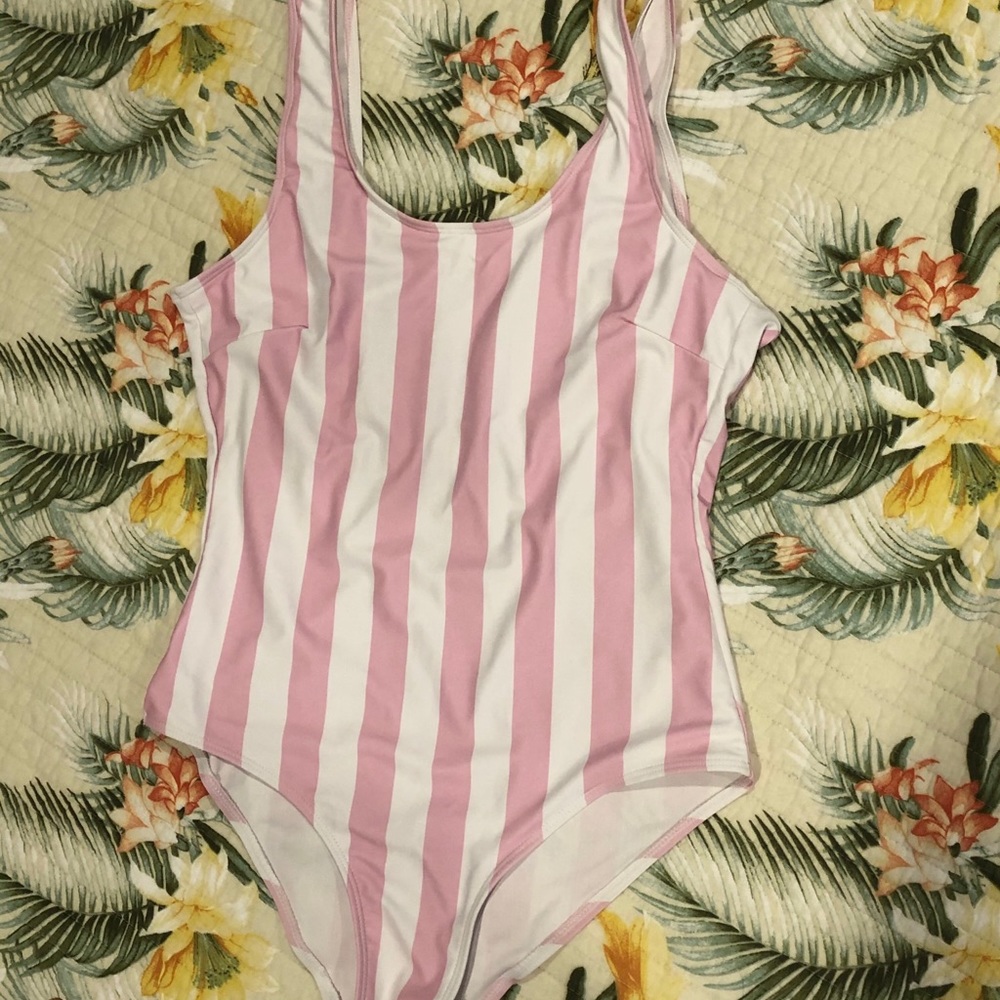 Pink + White Striped Swimsuit